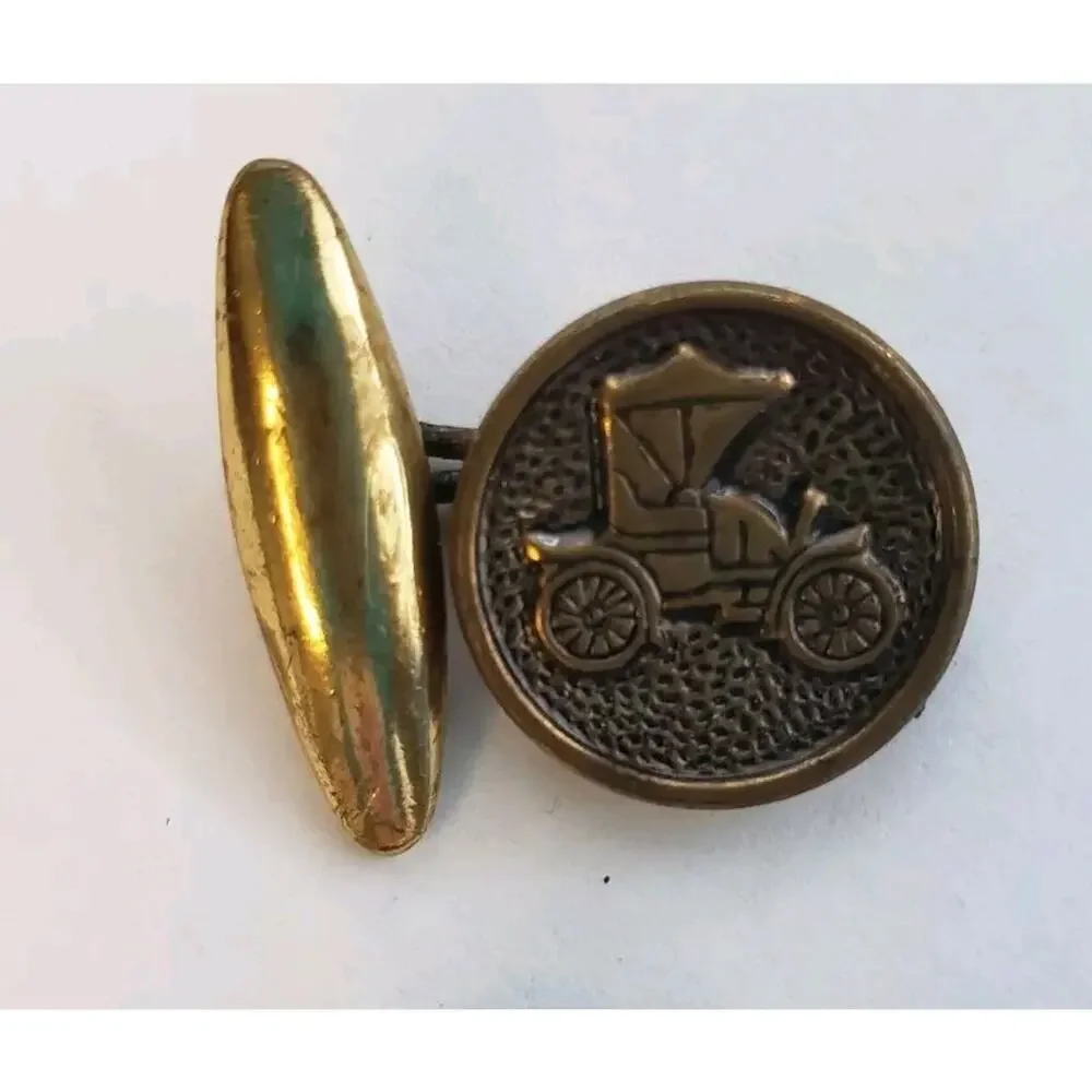 Pair Vintage Cufflinks Gold Tone Unmarked Round Horseless Carriage Antique‎ Cars